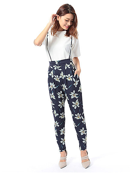 リリー柄ハイウエストタックパンツ