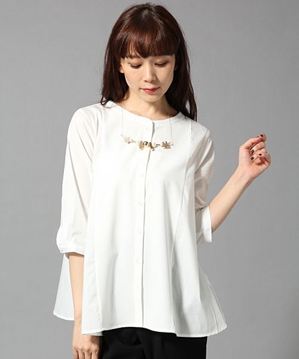 ノーカラーフレアシャツ7分袖