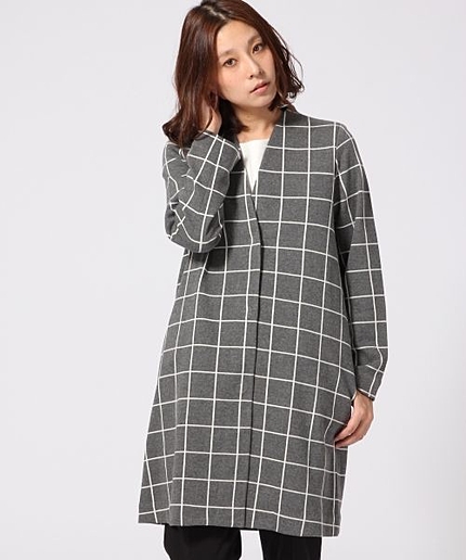 ノーカラーチェックコート