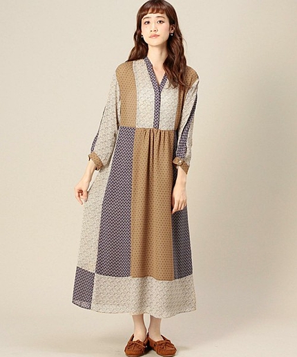 BY パッチワーク9分袖ロングワンピース