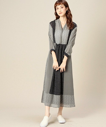 BY パッチワーク9分袖ロングワンピース