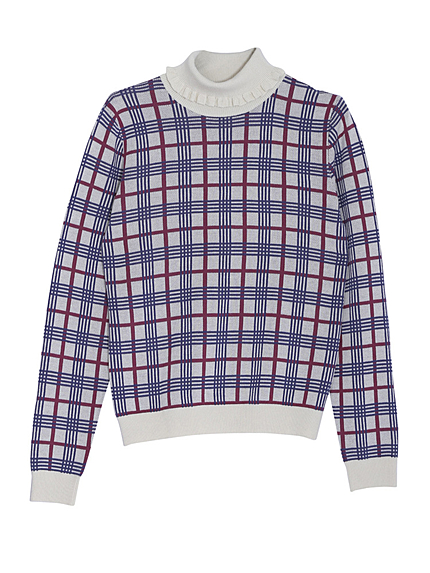 チェックフリルタートルニット