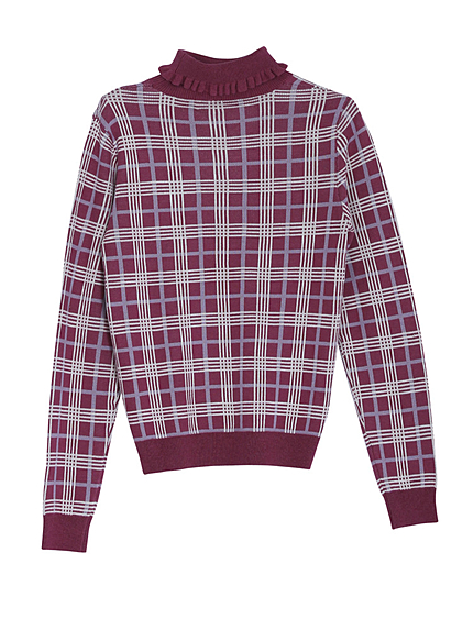 チェックフリルタートルニット