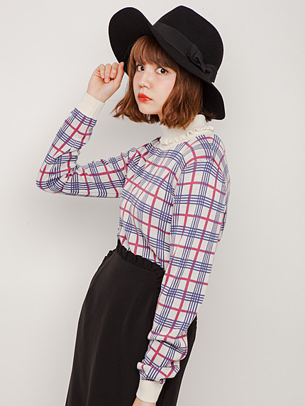 チェックフリルタートルニット