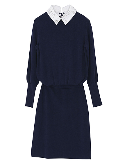 【W】襟ビジューニットタイトワンピース