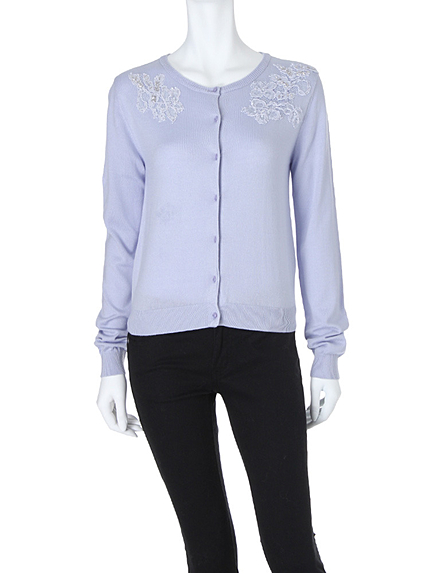 【DUO】 フラワーモチーフレース貼付けニットカーデ