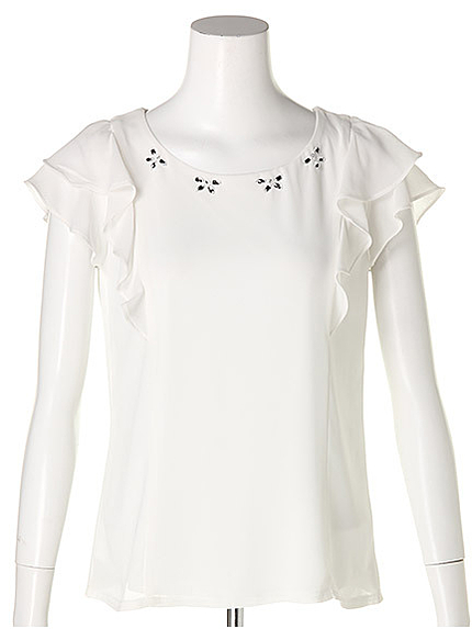 ビジュー付き異素材切替トップス