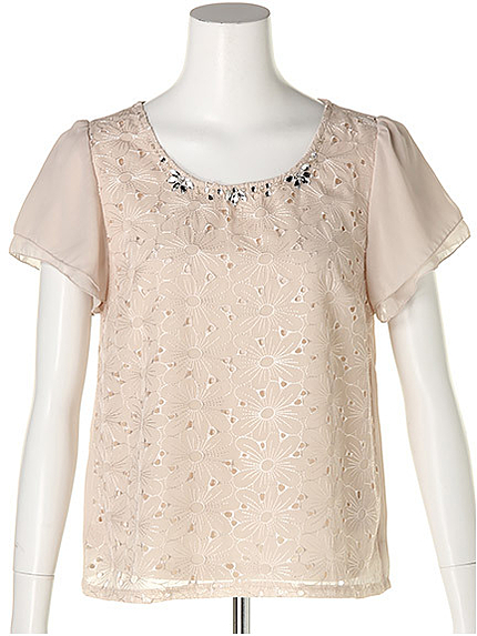 フラワー刺繍フリル袖ブラウス