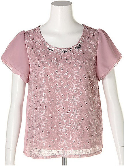 フラワー刺繍フリル袖ブラウス