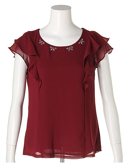 ビジュー付き異素材切替トップス