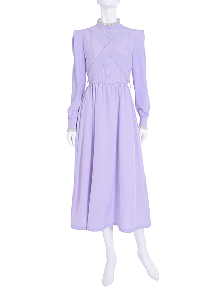 スタンドカラーマキシ丈ワンピース