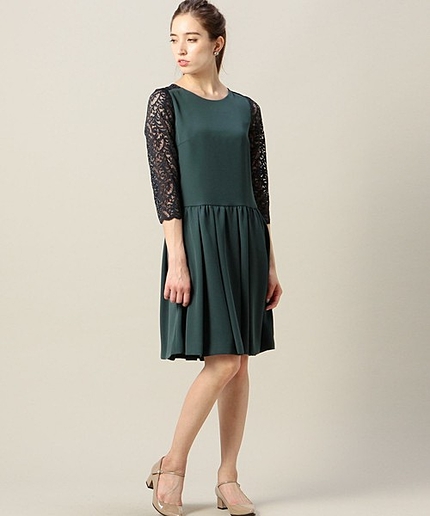 BY DRESS サテン×レース 8分袖ドレスо