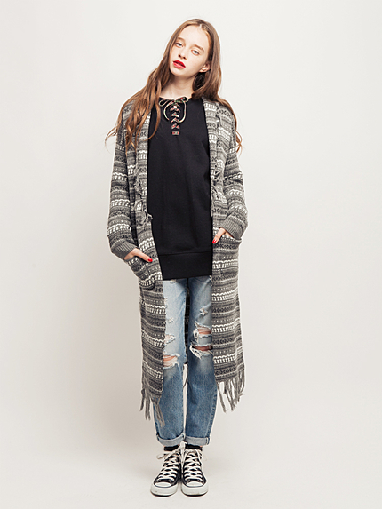 フリンジジャガードロングカーデ