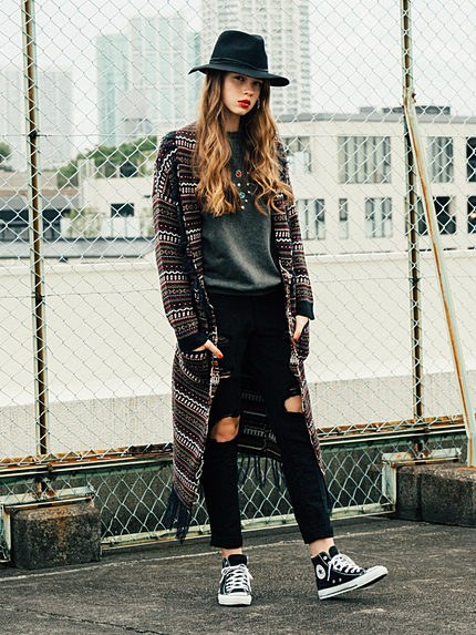 フリンジジャガードロングカーデ