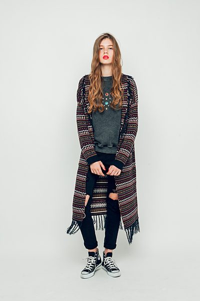 フリンジジャガードロングカーデ