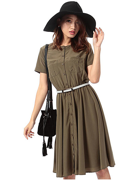 ノーカラーシャツワンピ