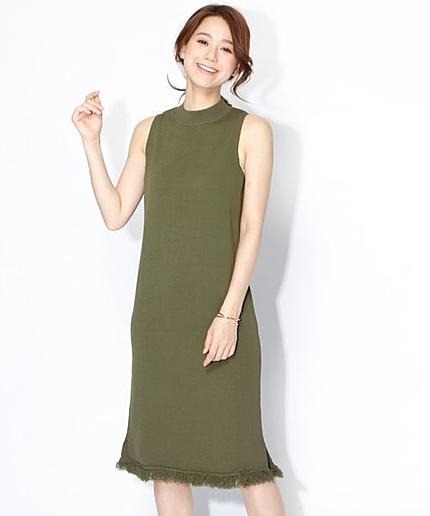 ハイネックスソフリンジニットワンピース