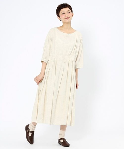 コットンレーヨン混ウエストギャザーワンピース