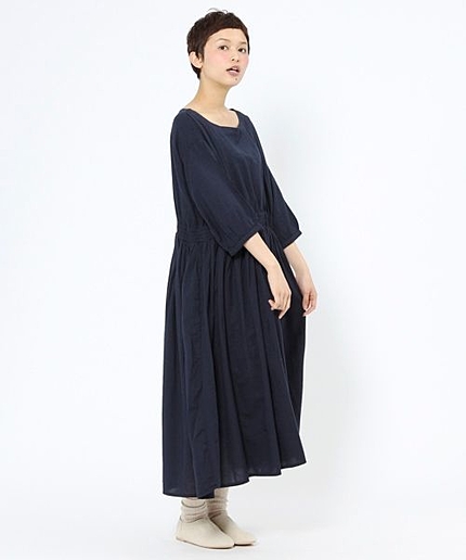 コットンレーヨン混ウエストギャザーワンピース