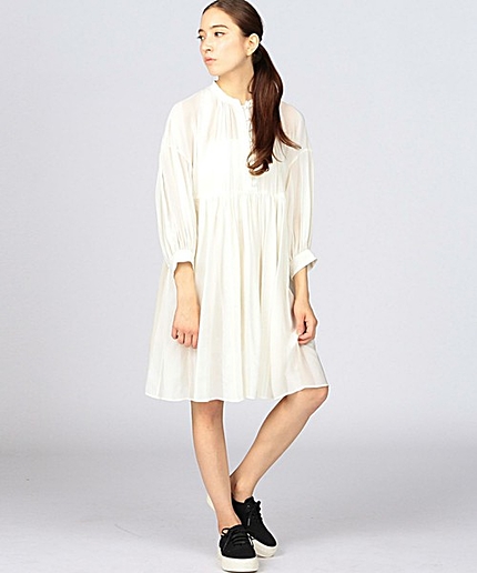 ENR レーヨンストライプギャザーワンピース