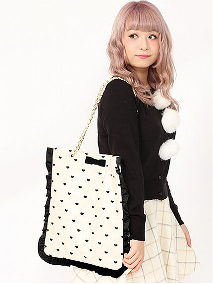 ハートドット刺繍フリルトートバッグ