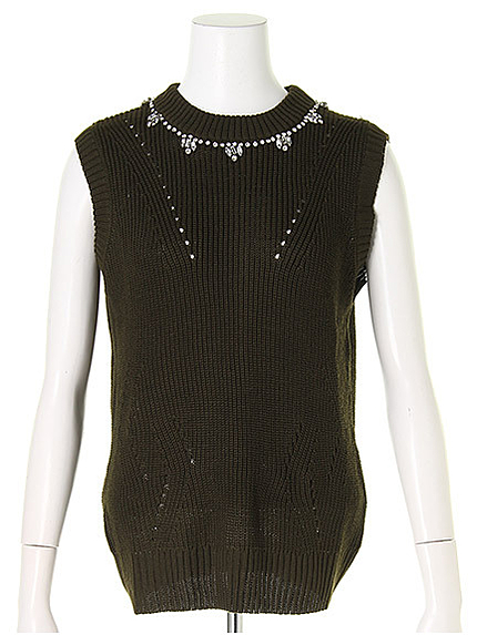 ビジューネックニットベスト