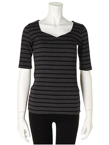 ハートネックリブ5分袖Tシャツ