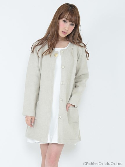 ノーカラーニットコート