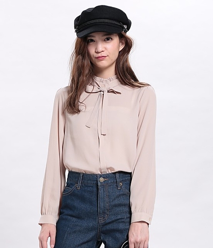 スタンドカラーボウタイブラウス