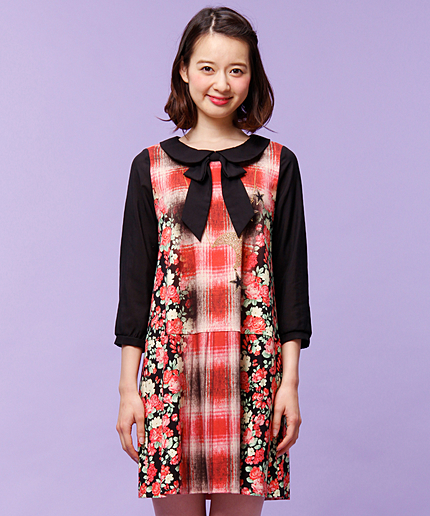 フラワーチェックトロンプルイユ チェックワンピース