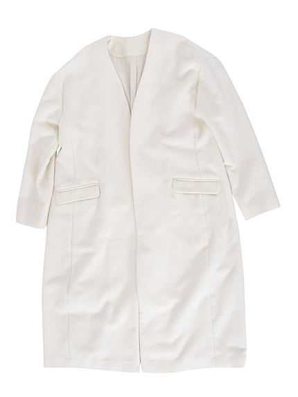 ノーカラーロングウールコート