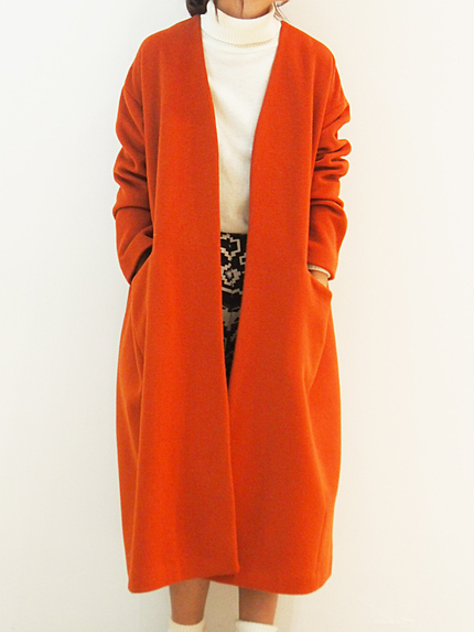 ノーカラーロングウールコート