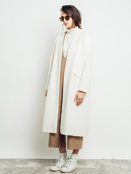 ノーカラーロングウールコート