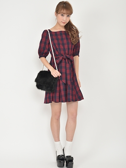 ウエストリボンチェックワンピース