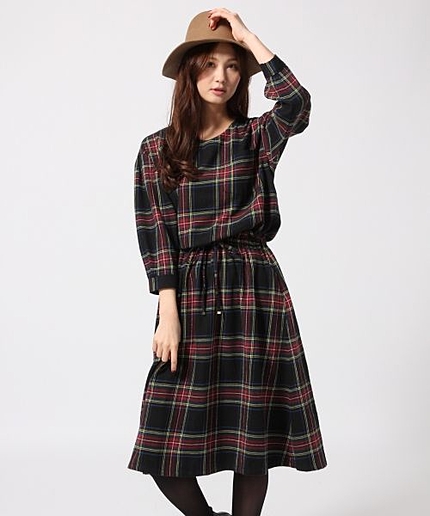 コットンレーヨンチェックミディワンピース