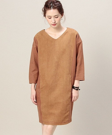 BY フェイクスウェードコンビ Vネックワンピース