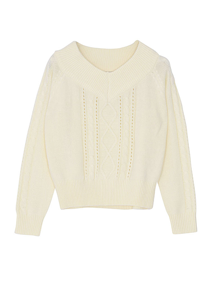 【W】オフショルＶネックケーブルニット