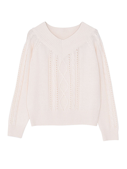 【W】オフショルＶネックケーブルニット