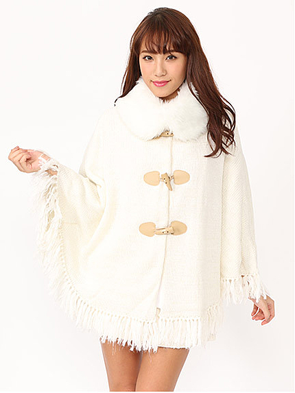 フェイクファー衿Mixラメニットポンチョ