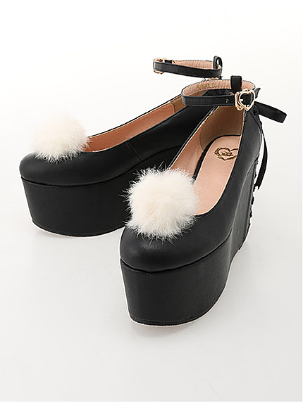 ポンポン付きバックレースアップ厚底シューズ