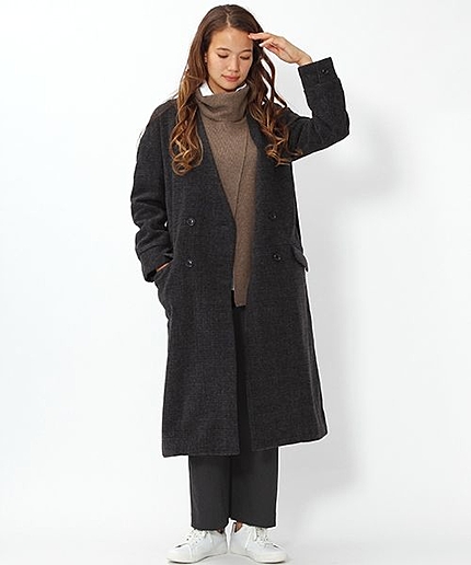 ウール混ノーカラーロングコート