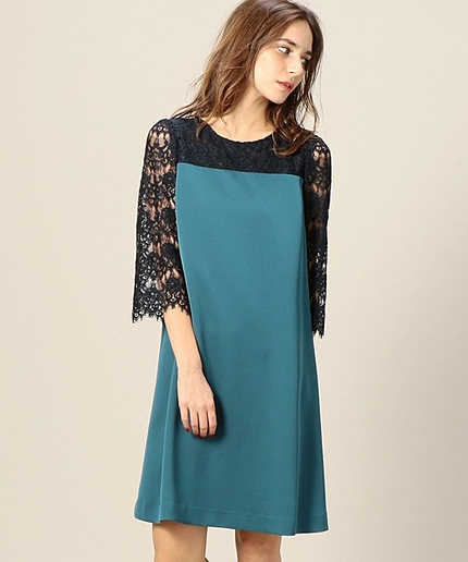 BY DRESS サテンレース8分袖ドレス