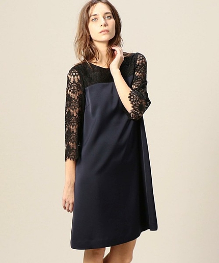 BY DRESS サテンレース8分袖ドレス