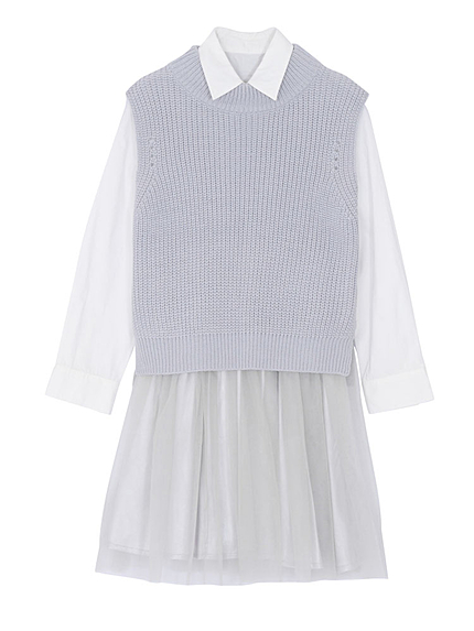 【Ｗ】ニットベスト×シャツレイヤードコンビワンピ