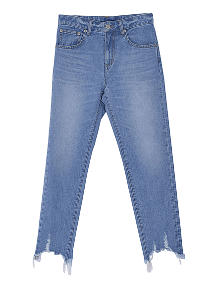 【CASUAL】ヘムフリンジスリムテーパードデニムパンツ