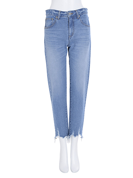 【CASUAL】ヘムフリンジスリムテーパードデニムパンツ
