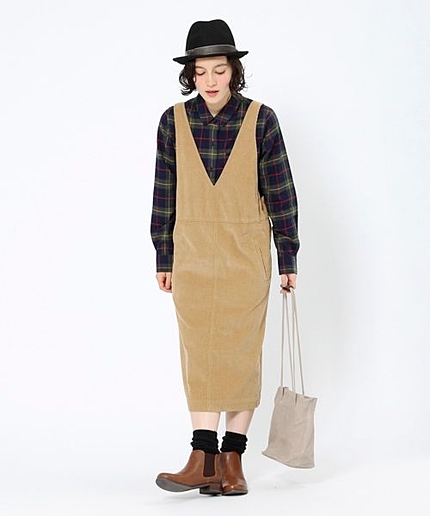 細コールノースリーブVネックワンピース