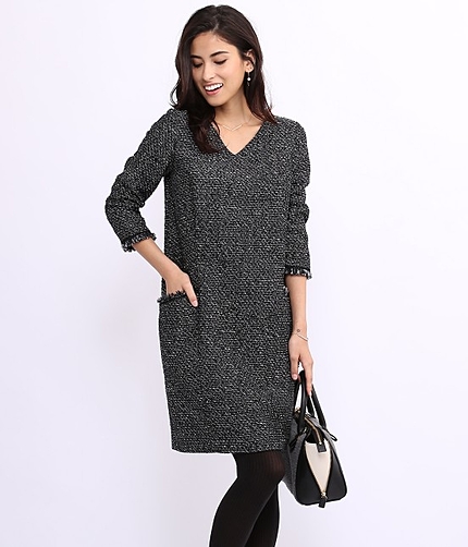 【先行予約】 ミックスツィードフリンジ付ワンピース