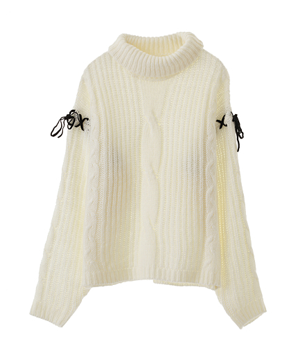 ベロアレースアップタートルニット