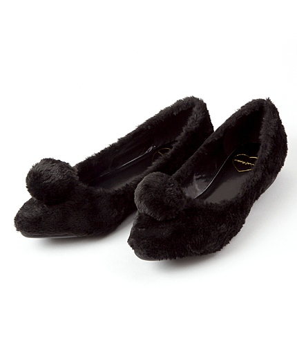 Furポンポンフラットシューズ